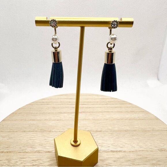 Navy blue tassel fringe faux pearl crystal post earrings with gold tone backing - Picture 2 of 7